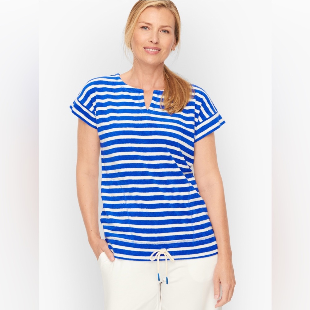 T by Talbots Split Neck Terry Cloth Drawstring Waist Striped Top Size SP